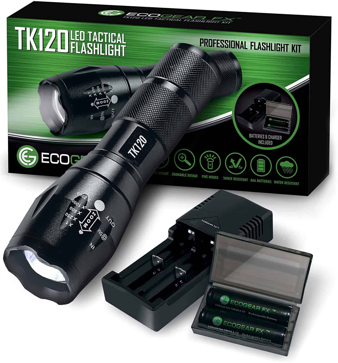 Complete LED Tactical Flashlight Kit - EcoGear FX TK120: Handheld Light with 5 Light Modes, Water Resistant, Zoomable - Includes Rechargeable Batteries and Battery Charger